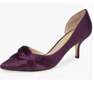 FSJ Purple Mid Heels Pointed Toe Slip on Pumps D'Orsay Pleated Satin Shoes